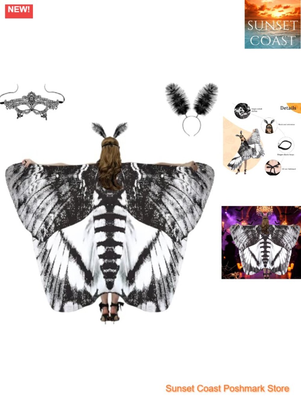 Moth Butterfly Wings Cape Costume Set Lace Eye Mask Feather Headband Halloween